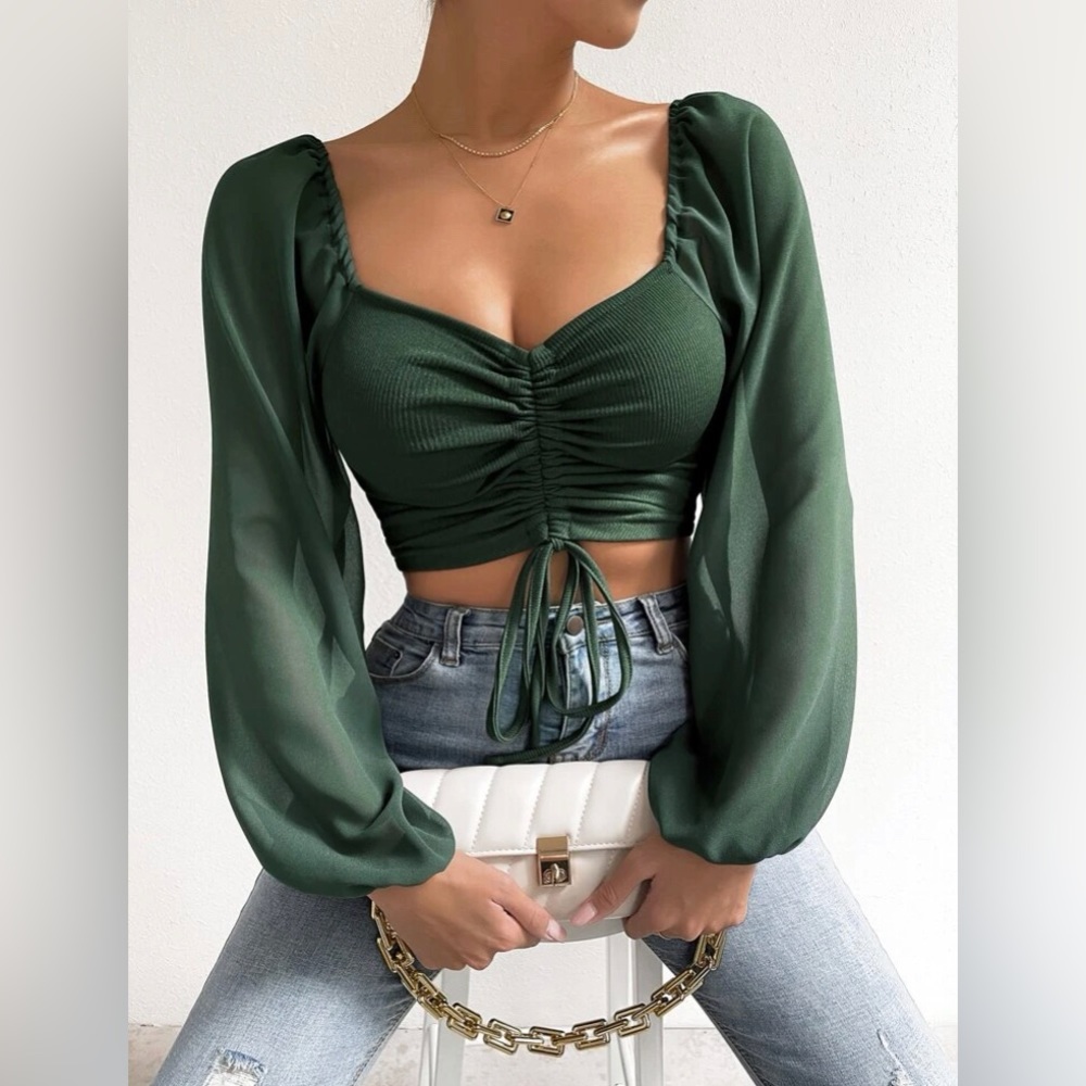 Forest Green Ruched Long Sleeved Drawstring Crop Top